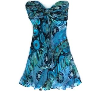 Strapless Blue Silk Flare Evening Resort Dress